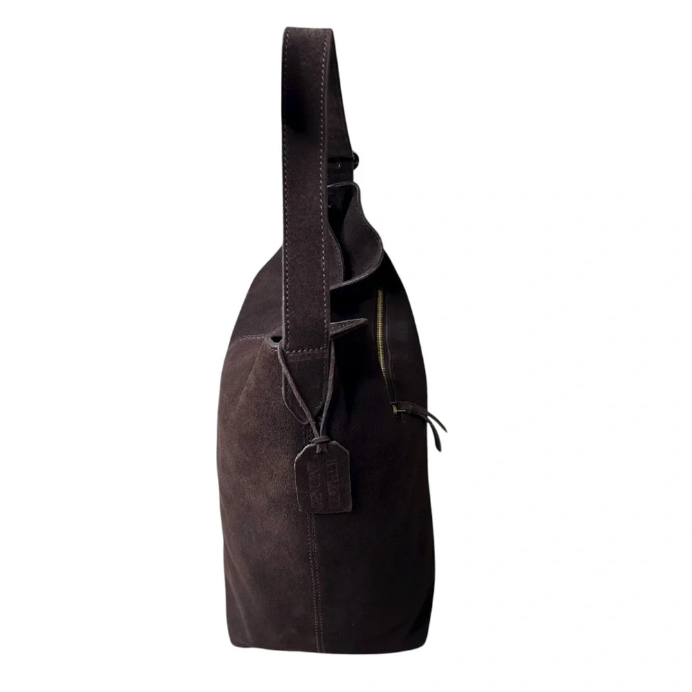 Chocolate Brown 100% Genuine Suede Leather Slouchy Hobo Bag Gold Buckle Strap - Picture 5 of 16